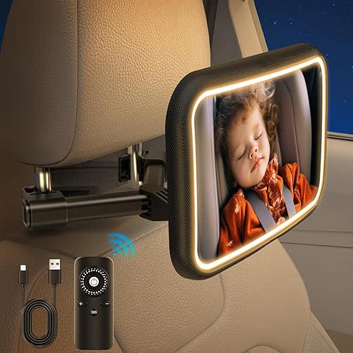 Baby Car Mirror with Light, Baby Mirror for Car Seat Rear Facing, Car Seat Mirror with Remote, Wide Crystal ClearView Hook Clip ShatterProof
