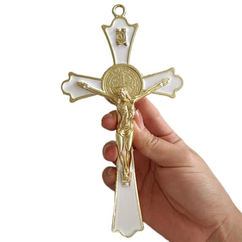 BONITTER Golden St Benedict Crucifix Metal Wall Art, 7.8x4.1 Inch Cross, Blue/White/Black/Red Wall Decor, Saint Benedic Cross for Home Decoration, Catholic Gift (White)