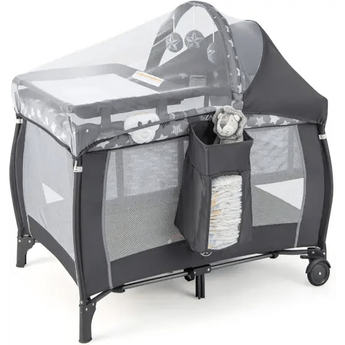 BABY JOY 4 in 1 Pack and Play, Portable Baby Playard with Bassinet, Adjustable Canopy, Changing Table, Lockable Wheels, Glowing Music Box, Travel Baby Crib Bassinet Bed from Newborn to Toddler