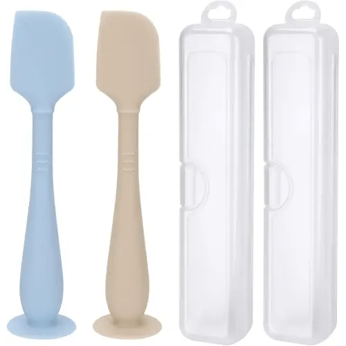 2 Pack Diaper Cream Spatula with Hygienic Travel Case, Butt Spatula Baby with Suction Base, Baby Butt Paste Spatula, Soft Silicone Diaper Rash Cream Applicator Large Size (Blue & Offwhite)