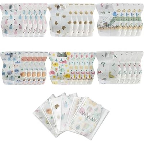 30 PCS Disposable Bibs for Toddlers, 6 Patterns Individually Packaged Baby Bibs with Catcher and Waterproof Liner for Boys Girls Eating, Baby Restaurant and Travel Essential