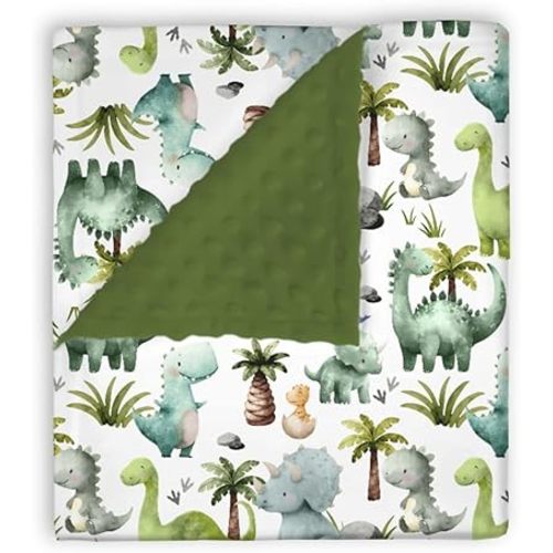 Mink Baby Boys Blankets Cute Dinosaurs, Green Dino Tropical Tree Soft Double Layer Dotted Backing Receiving Swaddle, Newborn Infant Toddler Nursery Crib Bedding Shower Gift 30" x 40"