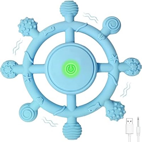 YOFUN 3-Speed Vibrating Baby Teether – Soothing Silicone Teething Toy for Infants 3M+, Food-Grade, USB Rechargeable – Soft & Safe Gum Relief for Babies (Blue)