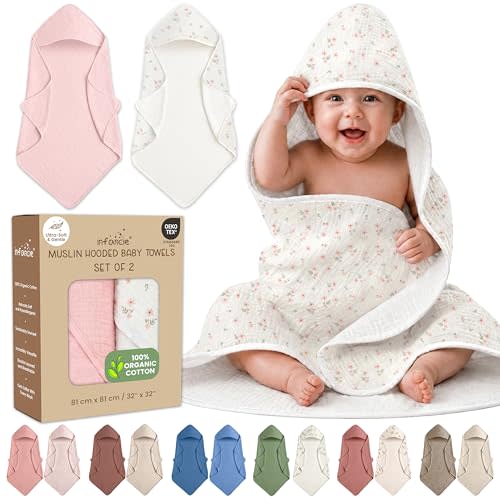 100% Organic Cotton 2 PK Muslin Baby Hooded Towels Newborn 32x32in | Oeko-TEX Certified, Bath & Hooded Towels, Toddler Towels With Hood, Toddler Bath Towels, Blush & Ivory Floral For Baby Gi