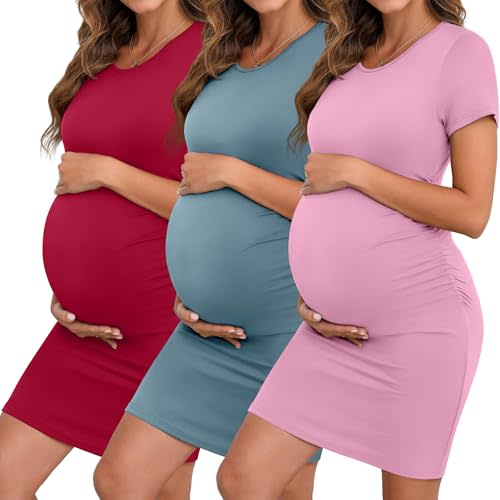 Riyiper 3 Pack Womens Maternity Short Sleeve Dresses | Pregnancy Knee Length Dress, Side Ruched, Crew Neck, Mama Clothes, Solid Color, Summer