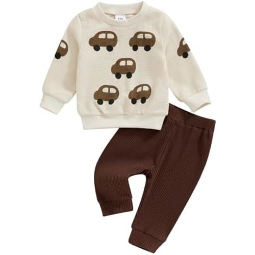 Kupretty Toddler Baby Boy Football Outfits Fall Winter Clothes Game Day Embroidery Crewneck Sweatshirt + Pants Waffle Set