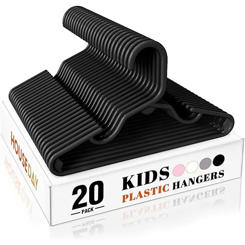 HOUSE DAY Premium Baby Hangers 20 Pack, 11 Inch Kids Plastic Hangers Black, Slim Childrens Hanger for Infant, Toddler, Child Clothes, Non-Slip Sturdy and Durable Baby Clothes Hanger for Closet