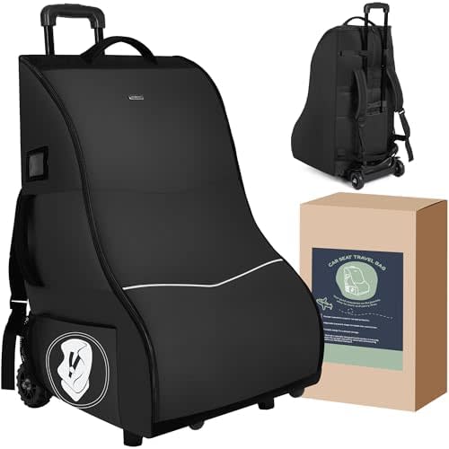 Rolling Car Seat Travel Bag with Wheels – Car Seat Backpack Transport Case for Airplane Travel, Fits Convertible & Booster Seats, Protective Storage Cover, Black