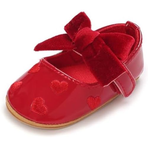 Clowora Infant Toddler Baby Girl Dress Shoes Mary Jane First Walking PU Leather Princess Wedding Rubber Sole Non-Slip with Bowknot Floral Flats