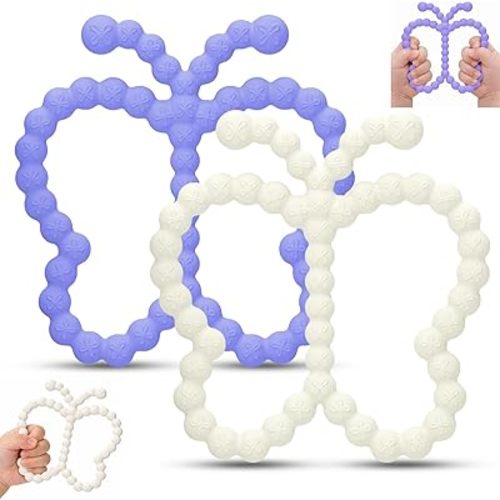 2 Pcs Baby Teething Toys Silicone Butterfly Teething Rings Over 3 Months - Baby Essentials Sensory Chew Toys -Baby Teether for Teething Relief -BPA Free Infant Toys Baby Shower Gifts (2, White,Purple)