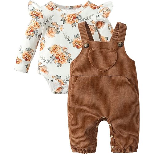 LYSINK Newborn Baby Girl Clothes Long Sleeve Ruffle Romper Top Corduroy Overalls Pants Set Infant Outfits for Girls