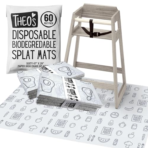 THEO'S MATS 60 Count Disposable Mats for Under High Chair - 100% Biodegradable & Compostable 47" x 29" Splat Mat Floor Covering | Baby Led Weaning Supplies for Home or Restaurants, Gray