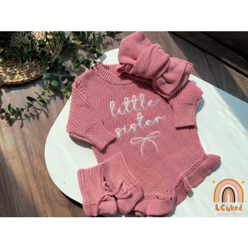 Embroidered Little Sister Knit Ruffles Romper, Cute Lil Sister Baby Bodysuit, Lil Sis Coquette Bow Knitted Set, Baby Girl Shower Gift
