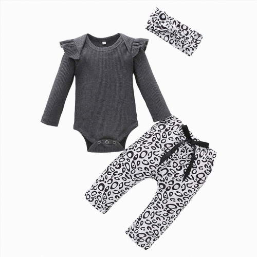 TOWED22 Newborn Baby Girl Fall Winter Clothes 3-Piece Outfits Set Long Sleeve Round Neck Bodysuit Romper Ribbed Pants Headband Set(Grey,0-3 M)
