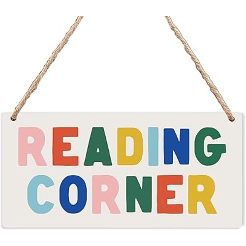 Reading Corner Wooden Sign - Boho Rainbow Reading Corner Wall Decor, Reading Room Hanging Plaque Sign for Library School Classroom Toddler Kids Room 12x6 Inches