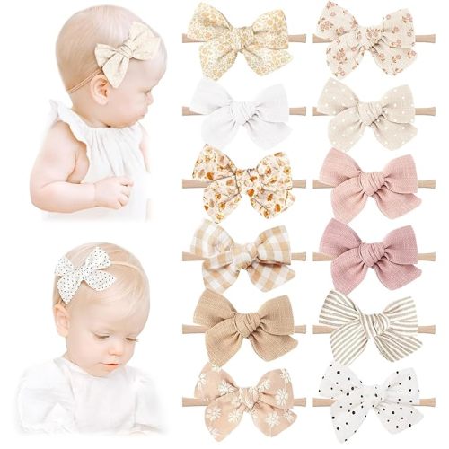 Niceye Handmade Hair Accessories: 12 Packs of Stretchy Nylon Headbands and Bows for Newborns, Infants, Toddler Girls