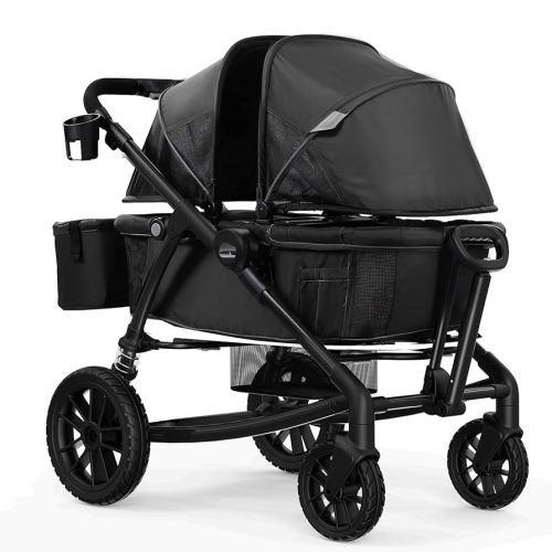 VEVOR Double Stroller, 2 Seats All-Terrain Wagon Foldable Expedition 2-in-1 Collapsible Wagon Stroller, Includes Canopy, Parent Organizer, Snack Tray & Cup Holders, 55lbs for Single Seat, Black