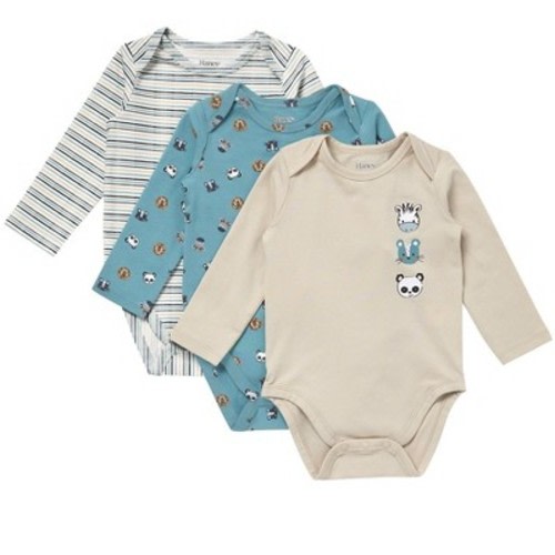 Hanes Pure Comfort Baby Long Sleeve Bodysuits, Organic Cotton, Boys & Girls, 3-Pack Beige/Teal Assortment 6MTH