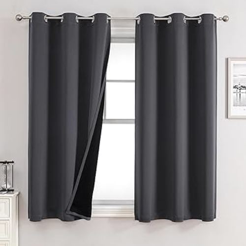 ChrisDowa 100% Blackout Curtains for Bedroom with Black Liner, 2 Thick Layers Total Blackout Thermal Insulated Grommet Window Curtains 63 Inch Length 2 Panels Set (Dark Grey, 42 x 63 Inch)