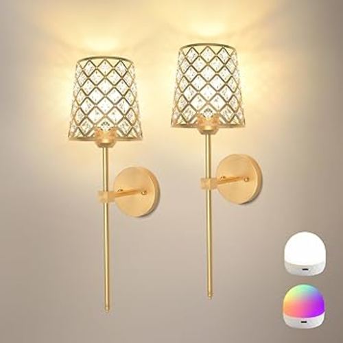 Crystal Battery Operated Wall Sconces Set of 2, Gold Rechargeable Wireless Wall Sconce Lights for Home Decor, Dimmable 12 RGB and 3CCT Wall Lamps with Remote for Living Room Bedroom Hallway