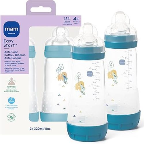 MAM 11oz Easy Start Anti-Colic+ Wide Neck Baby Bottle, Fast Flow Breastfeeding-Like Nipple, Reduces Colic Gas & Reflux, Easy to Clean, BPA Free, 4+ Months, Made in Europe, 2 Pack, Boy