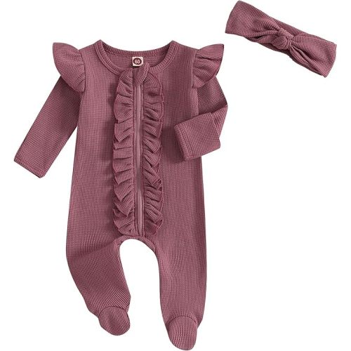 Newborn Baby Romper Infant Girl One-piece Outfit Waffle Ruffle Zip Footie Spring Summer Clothes With Bow Headband