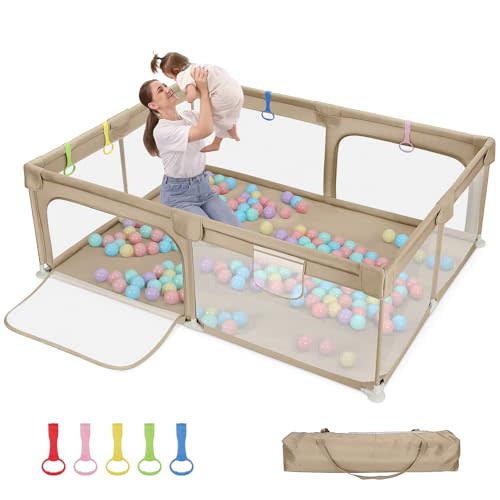 Dripex Large Baby Playpen 71×59 Inch, Large Playpen for Babies and Toddlers- Indoor & Outdoor Kids Safe Play Yard, Soft Breathable Visible Mesh, Anti-Fall & Anti-Slip Design Baby Fence, Khaki