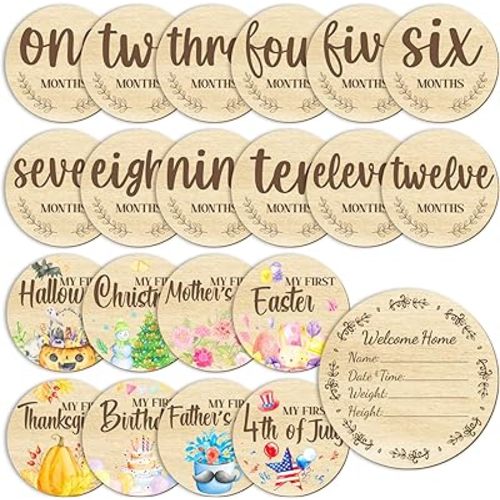 11PCS Baby Monthly Milestone for Photo Props, Wooden Double Sided Monthly Milestone Photo Cards for Baby Announcement Newborn Shower Gifts Party, First Holiday Milestones Signs Wooden Discs