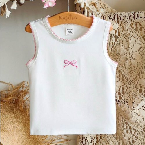 Vintaside Kids Baby Girl Bow Embroidered Round Neck Tank Top, Suitable For Home Leisure, Sports, Parties, And Other Occasions | SHEIN USA