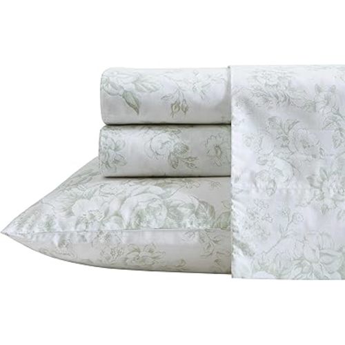 Laura Ashley – Twin XL Sheet Set, Crisp & Lightweight Cotton Percale Bedding with Fitted Sheet and Pillowcase, Floral Room Decor, Deep Pocket, College Dorm Room Essentials (Toile Delight Green)