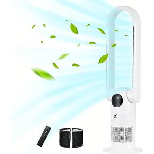 Ocean Loong Bladeless Tower Fan and Air Purifier in one, 9 Speeds & 9 Hs Timer Quiet Cooling Fan, 90 ° Oscillating Bladeless Fan with Remote, 38.6 inch Powerful Floor Fan for Bedroom Room -White