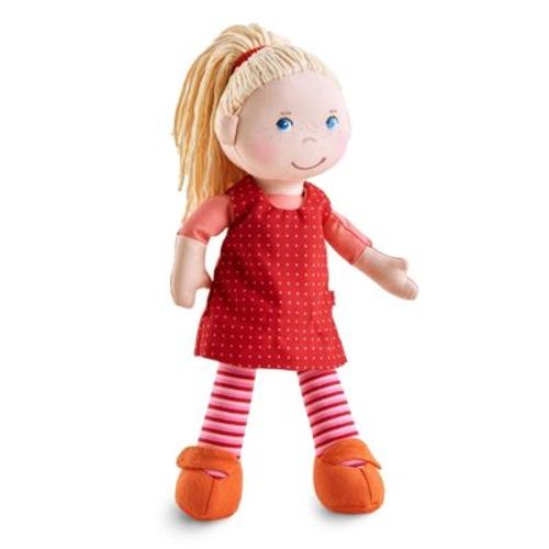 HABA 12" Soft Baby Doll Annelie with Blonde Hair, Embroidered Face, Removable Red Dress and Matching Hairband - Washable Toddler Doll for 18 Months+