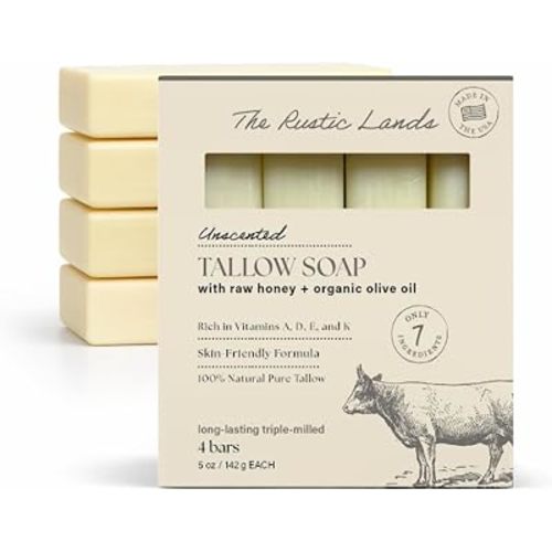 THE RUSTIC LANDS (UNSCENTED - Fragrance Free) Natural Tallow Soap Bars Set of 4 - Grass Fed Beef Tallow with Raw Honey & Olive Oil - USA Soap for Sensitive Skin, Moisturizing Bath & Body, 5oz Each