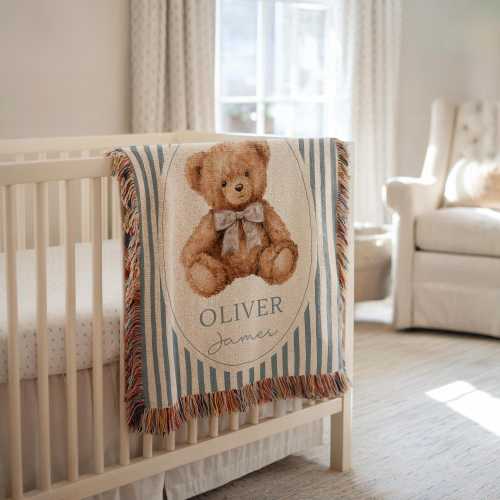 Custom Teddy Bear Baby Name Woven Blanket Personalized Nursery Blanket Vintage Bear Baby Gift Custom Name Blanket Boy or Girl Keepsake