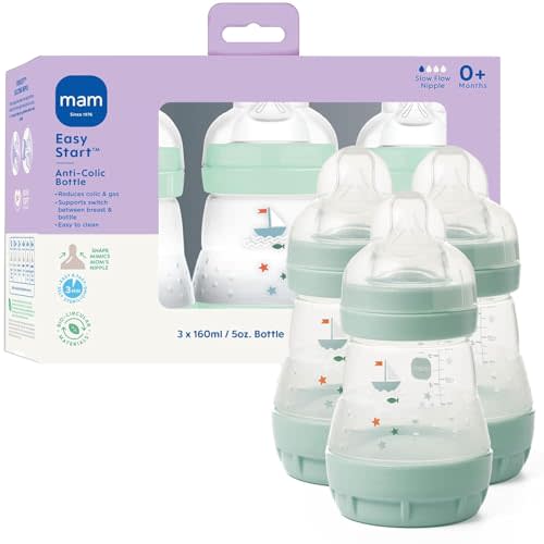 MAM 5oz Easy Start Anti-Colic+ Wide Neck Vented Baby Bottle, Slow Flow Breastfeeding-Like Nipple,Reduces Colic Gas & Reflux, Easy Clean, BPA Free,0+ Months, Made in Europe, Boy