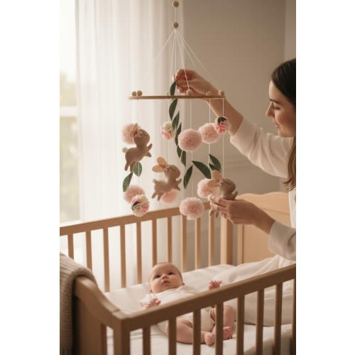 Bunny Baby Mobile, Nursery Decor, Girl Baby Shower Gift, Girl Bunny Crib Mobile, Baby Room Decor, Felt Baby Mobile, Handmade Mobile