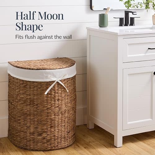 Best Choice Products Half Moon Laundry Hamper w/Lid, Woven Half Round Laundry Basket, w/Removable Liner & Bult-in Handles for Bathroom, Bedroom & Laundry Room - Chestnut