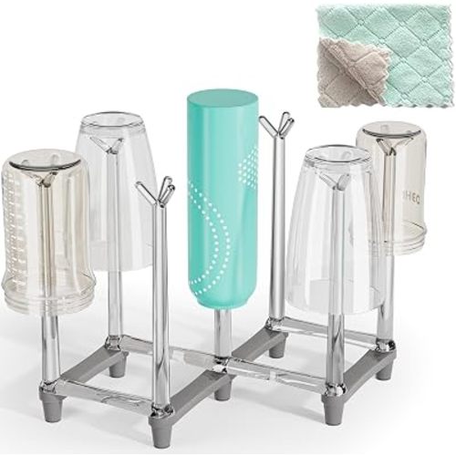 Marbrasse Retractable Cup Drying Rack, Drinking Glass and Sports Bottle Drainer Stand, Plastic Bag Dryer with Non-Slip Bottom for Kitchen Countertop