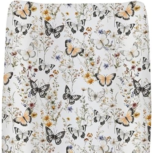 Boho Floral Butterflies Changing Pad Covers for Baby Girls Boys Vintage Wildflowers Leaves Fitted Changing Table Cover Mats Retro Spring Summer Soft Diaper Changing Pad Sheets 32''×16''