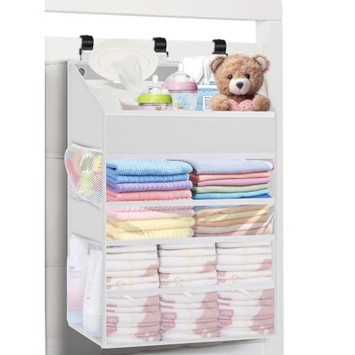 PHOTOONE Hanging Diaper Caddy Organizer Crib Organizer–Spacious Baby Girl/Boy Nursery Organizer for Changing Table, Playpen/Wall- Hold 90+ Diaper (White)