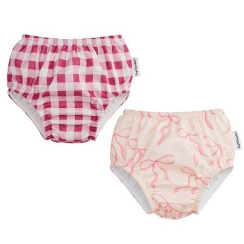 Tiny Twinkle 2-Pack Pull-Up Reusable Swim Diapers, UPF 50+, Waterproof & Machine Washable(Raspberry Gingham,Bubblegum Bows,6-12M)