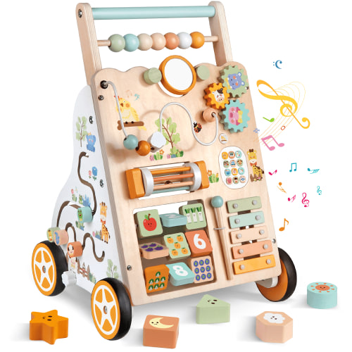 Wooden Baby Walker with Wheels, Push Walker with Baby Activity Center, Montessori Walking Toy for 1 Year Old Girls Boys, Ajustable Speed & Height Activity Toy for Toddler Learning to Walk 12+ Months