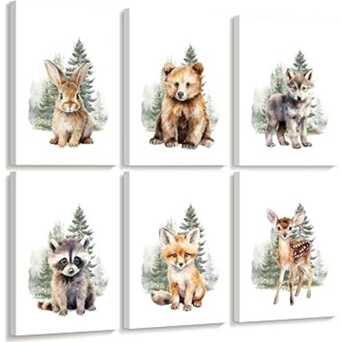 Woodland Animal Nursery Wall Art Decor Set of 6 Baby Boys Room Wall Art Forest Animal Canvas Wall Decor Kids Art Prints Watercolor Bear Deer Fox Pictures Artwork for Bedroom 12x16 Inch Framed