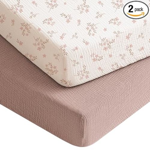 Konssy Muslin Crib Sheets for Boys, Soft Cotton Neutral Baby Sheets for Standard Crib Mattress 2 Pack, 52"x28" (Soft Blooms,Taupe)