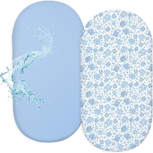 FIOBEE Baby Bassinet Sheets for Girls Boys 2 Pack Waterproof Bassinet Mattress Elastic Fitted Crib Sheets Universal Fit for Hourglass Oval and Rectangle Bassinet Sheet, Blue