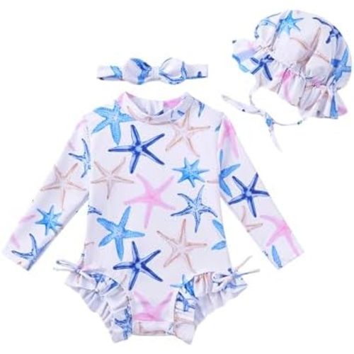 Renotemy Baby Girls Swimsuit Drawstring Zip Bathing Suit Long Sleeve One-Piece Rash Guard Swimwear with Hat for Infant Girl