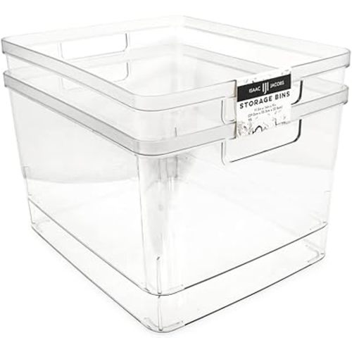 Isaac Jacobs 2-Pack Extra-Large Clear Storage Bins (11.5” L x 14” W x 9” H) w/Cutout Handles, Plastic Organizer for Home, for Kitchen, Fridge, Pantry, BPA Free, Food Safe (2-Pack, Extra-Large)
