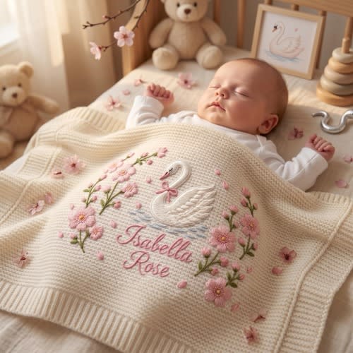 Personalized Knit Swan Baby Blanket Name Custom Embroidered Princess Swan Baby Blanket For Girl, Welcome Baby Blanket, Keepsake Newborn