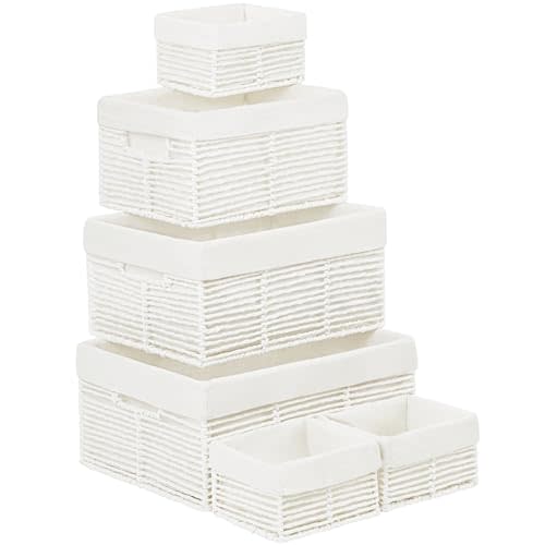 Vagusicc Wicker Storage Basket, 6 Pack Baskets for Organizing, Wicker Baskets with Handle, Rectangular Wicke Basket for Storage Shelves, Cube Storage Bins for Closet/Clothes/Dresser, White