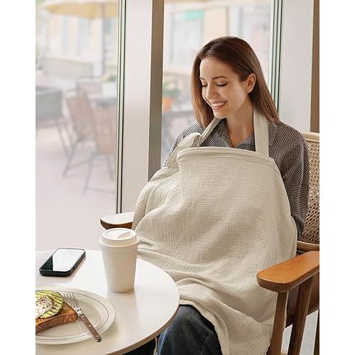 Blissful Diary Muslin Nursing Cover for Breastfeeding, Breathable Breastfeeding Cover up with Arch Neckline for Women, Nursing Apron (Cream)